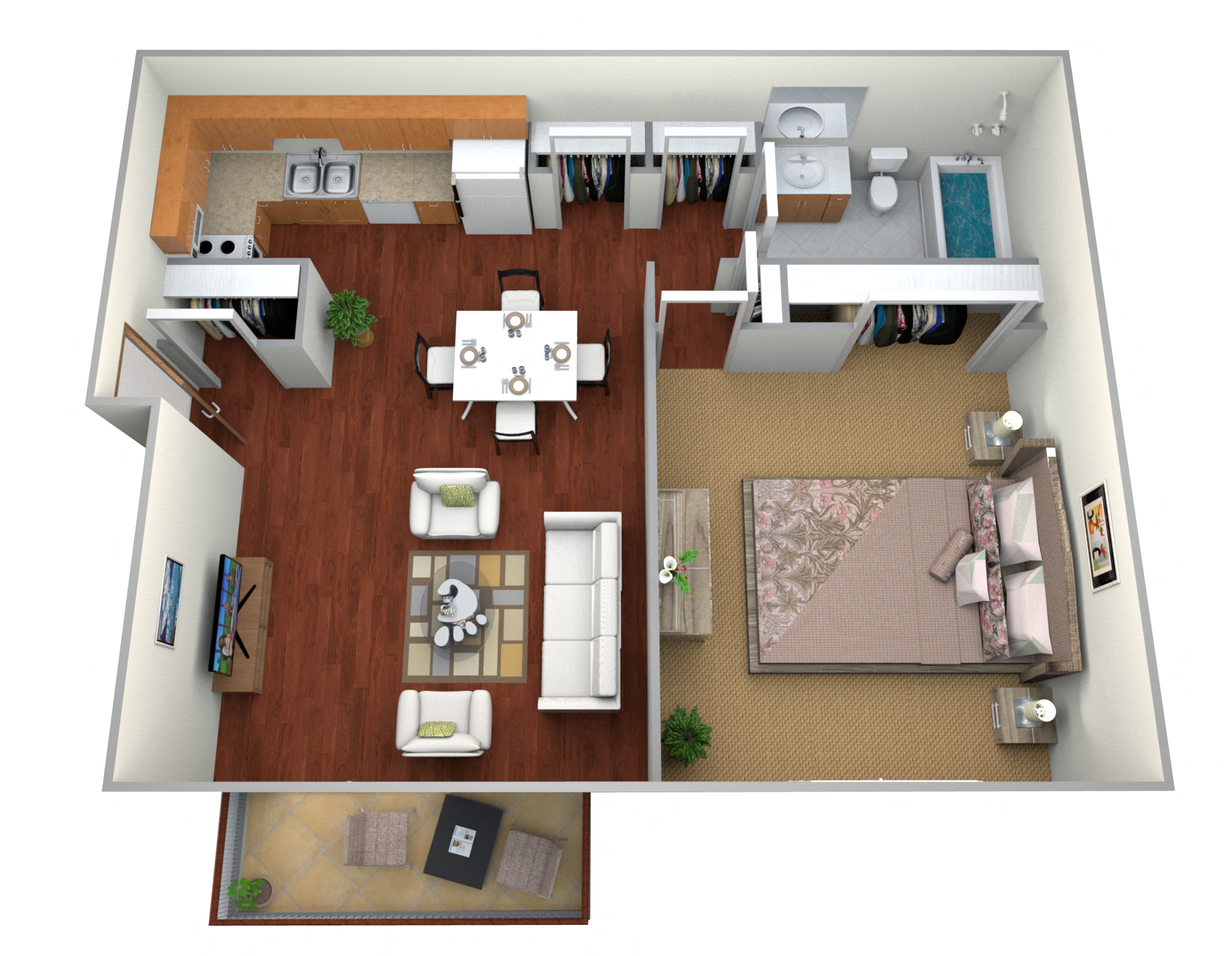 Floor plan for 1 bed, 1 bath, 600 sqft